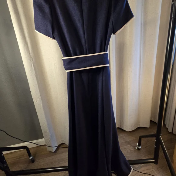 Fabulous Navy Wrap Dress with Cream Piping High Low - Picture 8 of 11